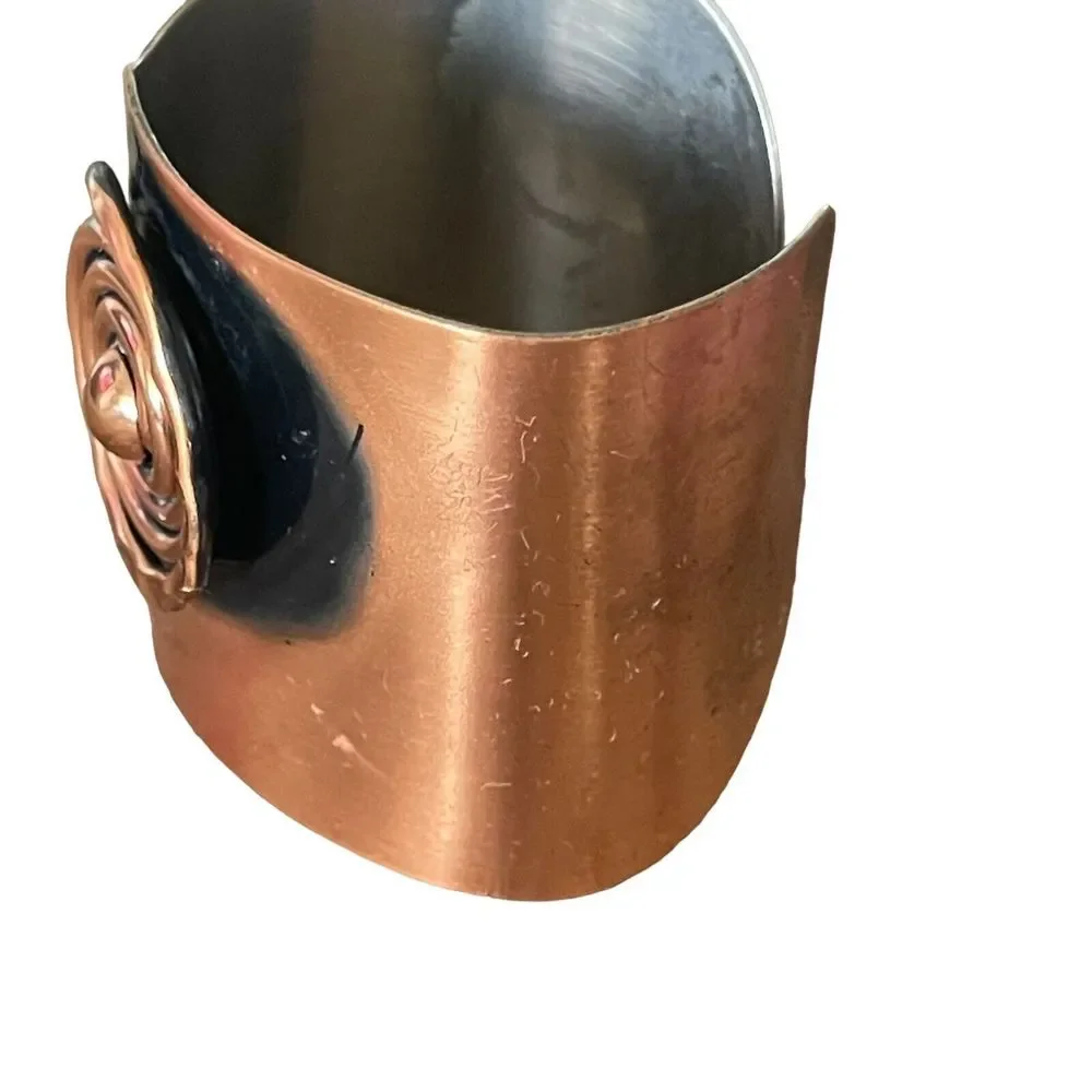Signed Handmade Renoir 1950s Modernist Scroll Motif Copper Cuff Bracelet Runway